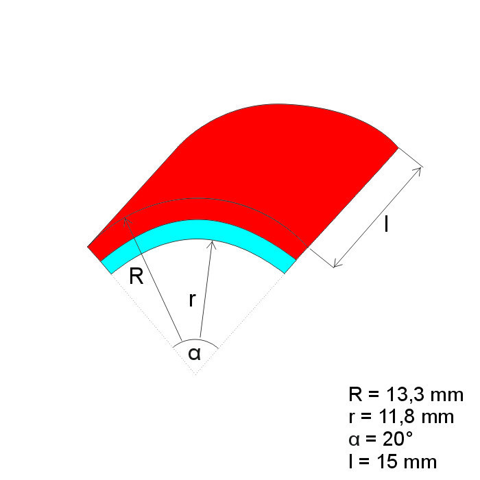 Neodym-Segmentmagnet R13,30xr11,80x20°x15 P 150 °C, VMM8SH-N45SH