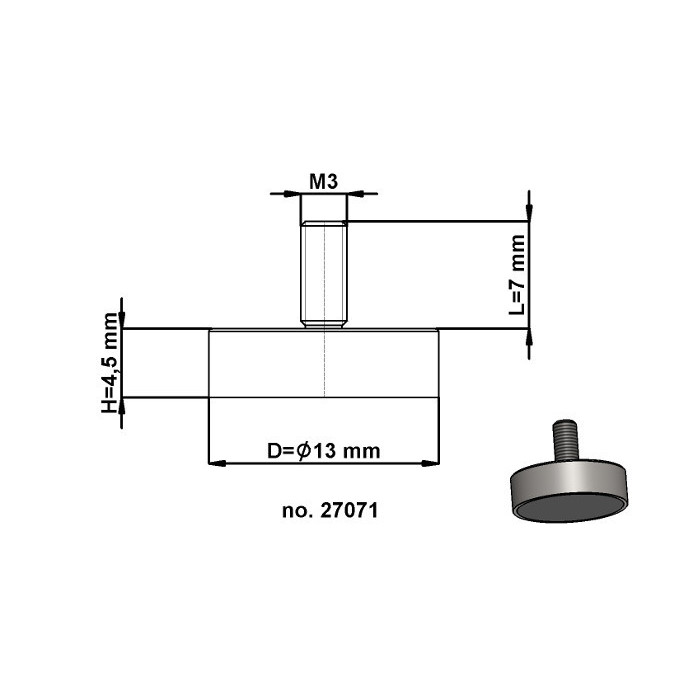 Flachgreifer mit Gewindezapfen Dm. 13 x Höhe 4,5 mm mit Außengewinde M3, Gewindelänge 7 mm