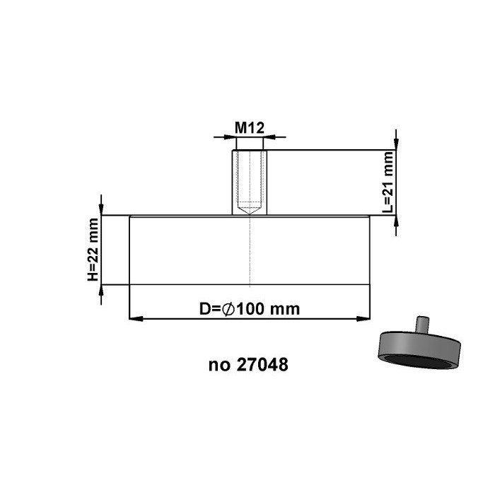 Flachgreifer mit Gewindebuchse Dm. 100 x Höhe 22 mm mit Innengewinde M12, Gewindelänge 21 mm