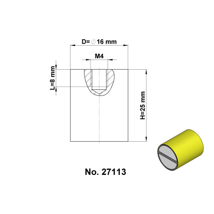 Zylindermagnet mit Innengewinde M4, Gewindelänge 8 mm, mit h6 Toleranz, Dm. 16 x Höhe 25 mm, Gehäuse Messing