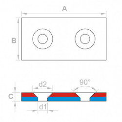 Neodym Quadermagnet mit Loch für eine Senkkopfschraube 40 x 20 x 4 N 80 °C, VMM4-N35