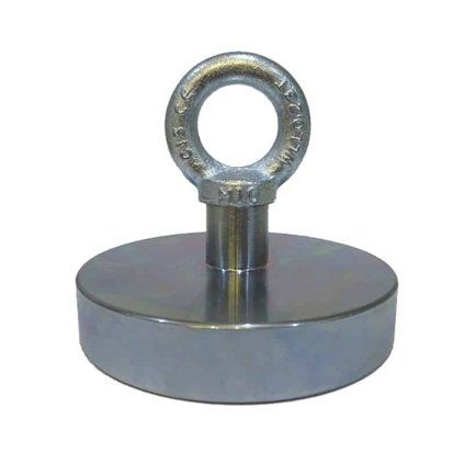 Fishing-Magnet mit Öse, 100 mm Durchmesser und angegebener Magnetkraft von 530 kg