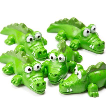 Fünf grüne Kühlschrankmagnete in Krokodilform